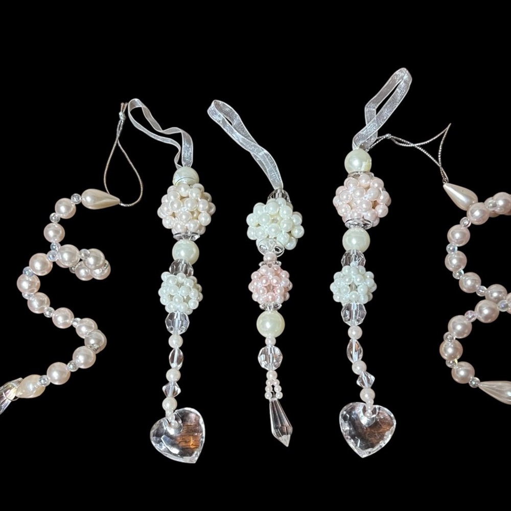 Vintage Pink and White Beaded Christmas Ornaments - 8